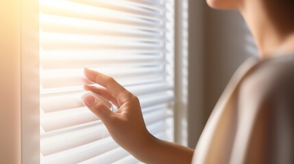 Close-up of a person's hand adjusting smart window blinds for privacy and light control