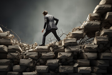 Generative AI Image of Businessman Walking on Brick Wall Facing Obstacles - obrazy, fototapety, plakaty