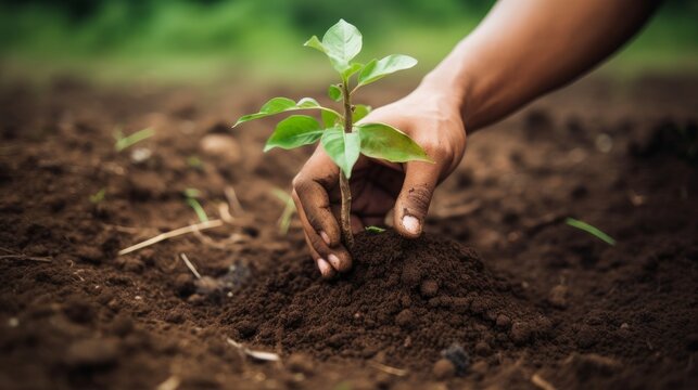 Close-up of hands planting a tree, symbolizing environmental consciousness and the act of making a difference