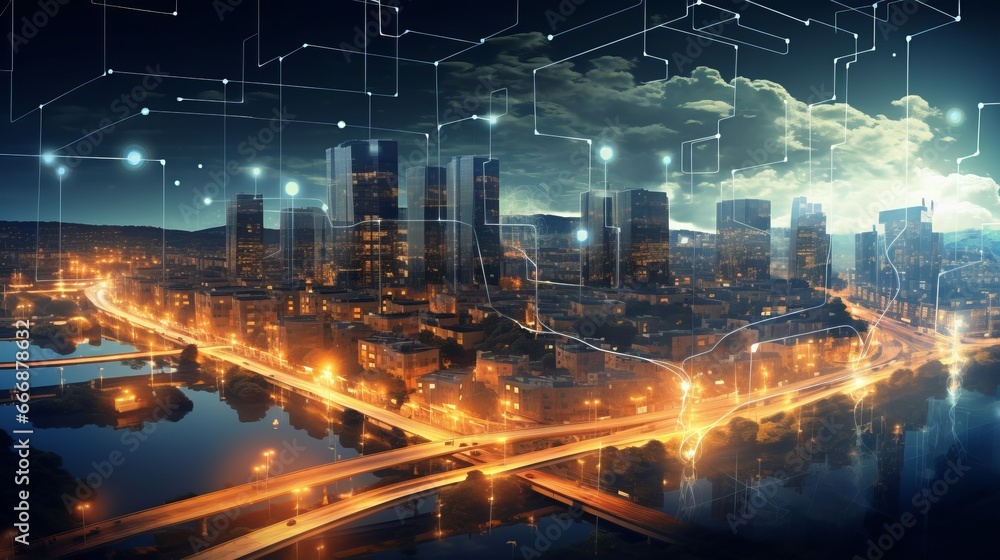 Poster conceptual image of a smart grid system optimizing energy distribution and reducing environmental im