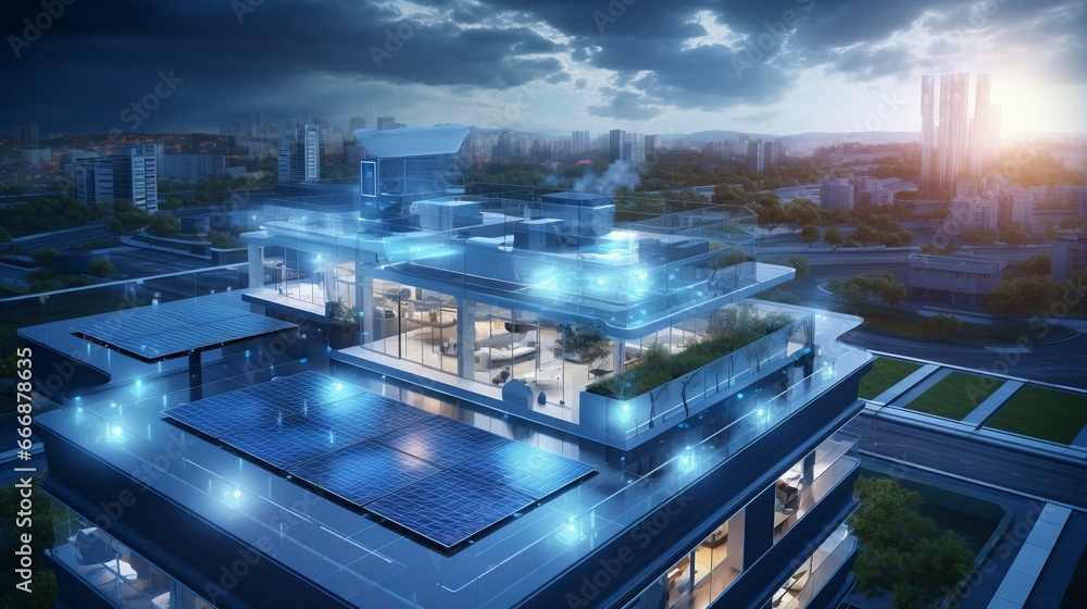 Poster conceptual image of a smart rooftop solar panel installation with intelligent energy management and 