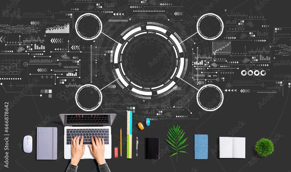 Poster tech circle with person using a laptop computer
