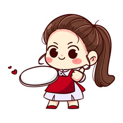 Cute girl chef holding a plate logo banner cartoon drawing vector illustration