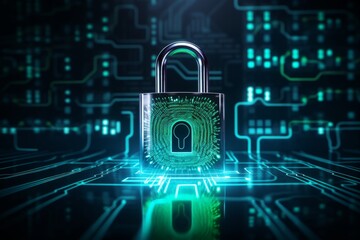 Cyber security concept with padlock and binary code