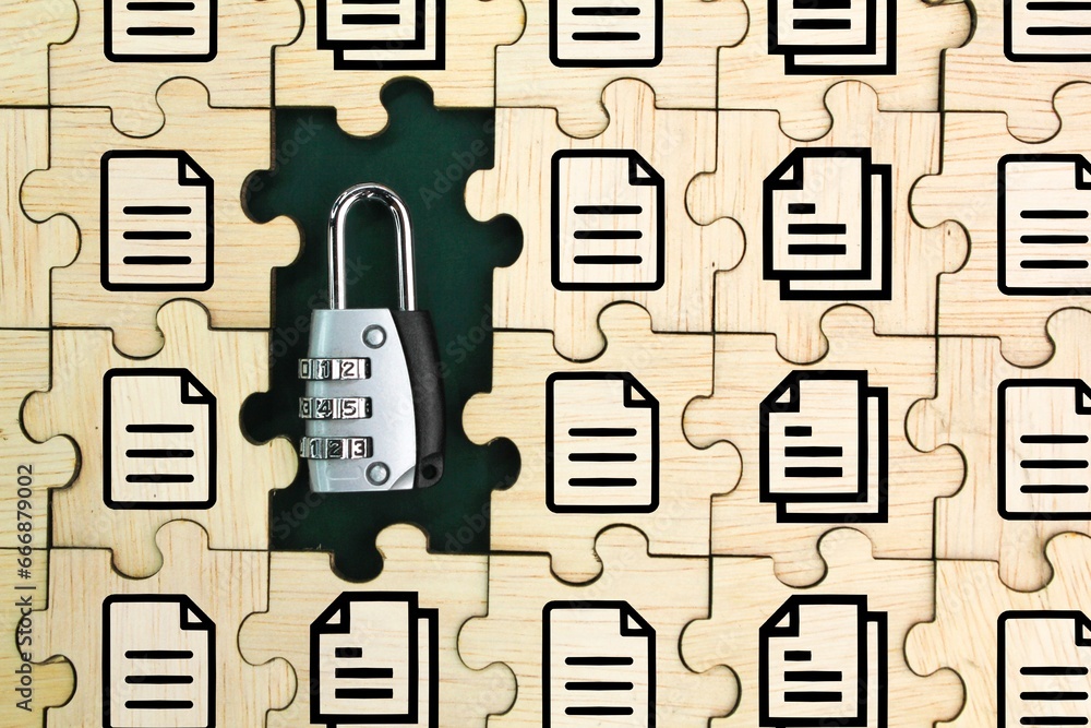 Poster wooden puzzle with document and key icons. document security concept. dms concept. erp, document man