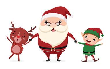 Merry Christmas and happy new year greeting card with cute Santa Claus, elf and deer cartoon