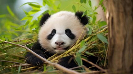 Curious panda bear perched in a tree, gazing directly at the camera