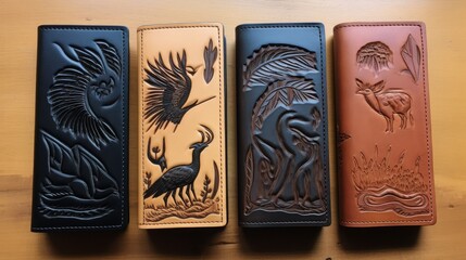 Handcrafted leather wallet with embossed wildlife designs
