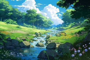 Illustration of a nature-themed background in an anime film style. Generative AI