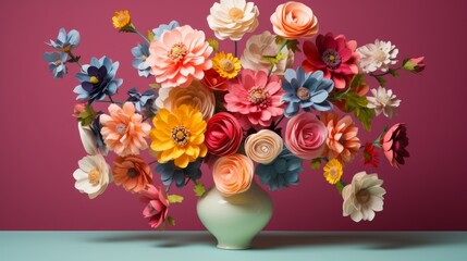 Handmade paper flowers arranged in a vase