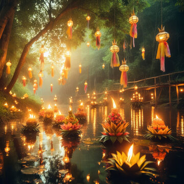 Krathong floating in the river lit by candlelight, Loy Krathong Festival Thailand