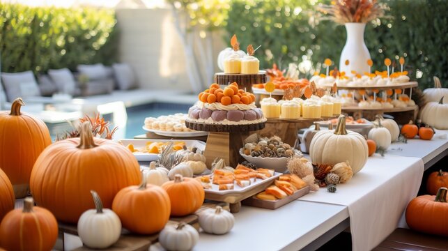 Pumpkin-themed baby shower with pumpkin-shaped decorations, pumpkin-inspired desserts, and fall-themed decor, celebrating the arrival of a little one