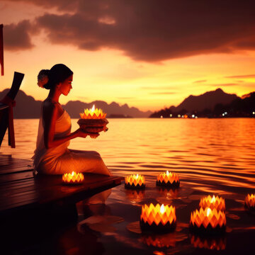 A woman dressed in Thai clothing floats a krathong along the river.