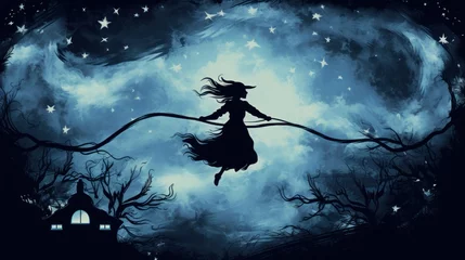 Fotobehang Spooky silhouette of a witch flying on a broomstick against a starry night sky, with a full moon and swirling clouds, embodying the magic and folklore of Halloween © KerXing