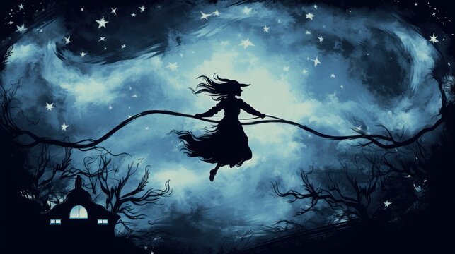Spooky silhouette of a witch flying on a broomstick against a starry night sky, with a full moon and swirling clouds, embodying the magic and folklore of Halloween