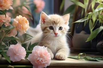 kitten and flowers, AI generated.