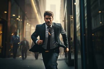 Generative AI Image of Businessman Running Fast Toward the Office - obrazy, fototapety, plakaty