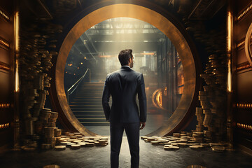 Generative AI Image of Businessman Standing in Circle Door Gate with Stack of Coins