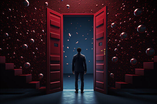 Generative AI Image of Businessman Standing Entering Open Red Door with Air Bubbles Background