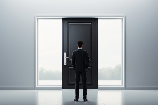 Generative AI Image of Businessman Standing in Front of Black Door on Isolated Background