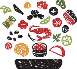 おせち料理　お正月　版画　判子　シルエット　手描き　日本　和食　イラスト素材セット
