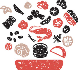 おせち料理　お正月　版画　判子　シルエット　手描き　日本　和食　イラスト素材セット