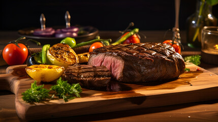 Grilled Steak with Vegetables on a Wooden Cutting Board