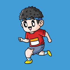 Cute Cartoon Vector illustration of male running athletes in red jersey. Vector Marathon Runner. Vector runner illustration