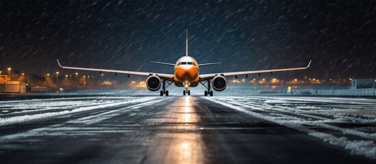 Airplane preparing for takeoff in heavy snow Winter night at airport - Powered by Adobe