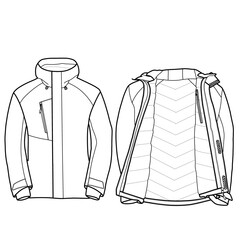 Men's waterproof jacket technical fashion vector illustration drawing template, pocket, front CAD mockup © Arfa Yudha