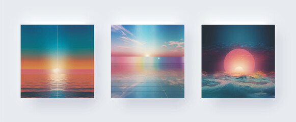 Universe Stars Retro Album Covers, Wall Art Poster of Earth and Sea with Blue, Yellow, Orange in the Style of Light Aquamarine and Pink, Minimalist Stage Designs