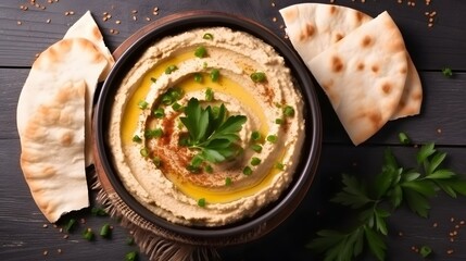 Classic Hummus with chickpeas, paprika, olive oil and oriental spices. Mediterranean popular snack of chickpeas and tahini pasta. View from above. Flat lay. - obrazy, fototapety, plakaty