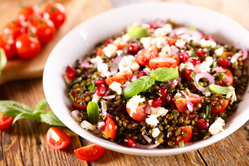 lentils salad with feta cheese, tomato and onion