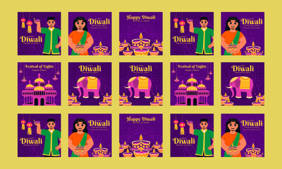 happy diwali social media post vector template