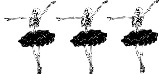 Skeleton Group Dancing. Vector black skeleton isolated on white - obrazy, fototapety, plakaty