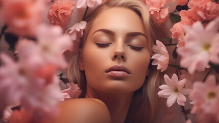 A woman lying with her eyes closed and surrounded by pink flowers, in a Spa facial treatment. Beauty and skin care concept