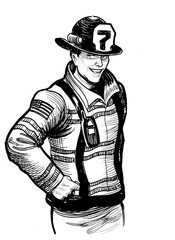 Firefighter character. Hand-drawn retro styled ink black and white illustration