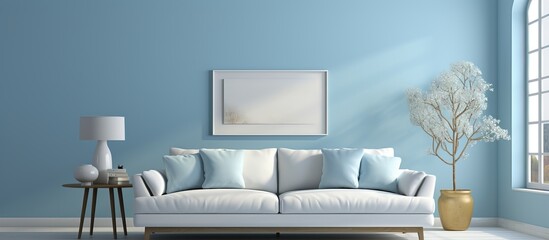 a modern white and blue living room with a sofa and three windows
