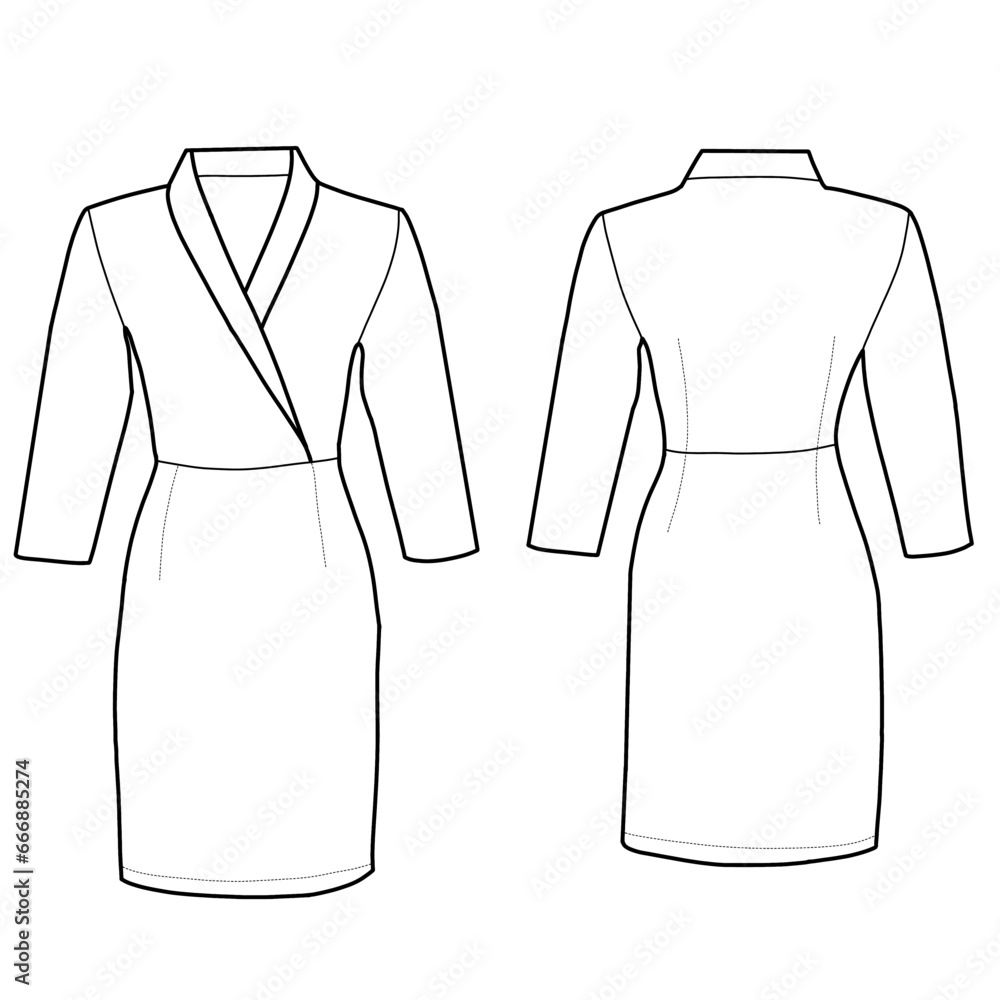 Sticker Long sleeve maxi dress with waistband. Front and back view. Fashion illustration vector, CAD, technical drawing,