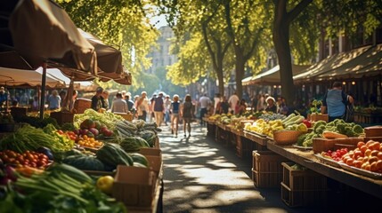 Farmers' Markets: A bustling farmers' market with colorful stalls filled with fresh produce and artisan goods. - obrazy, fototapety, plakaty