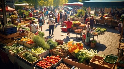 Farmers' Markets: A bustling farmers' market with colorful stalls filled with fresh produce and artisan goods. - obrazy, fototapety, plakaty