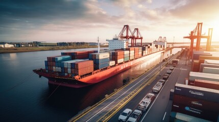 Fototapeta premium Transportation: A cargo ship docking at a bustling port, with containers stacked in the background.