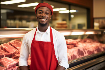Young smiling black butcher standing at the meat counter - Powered by Adobe