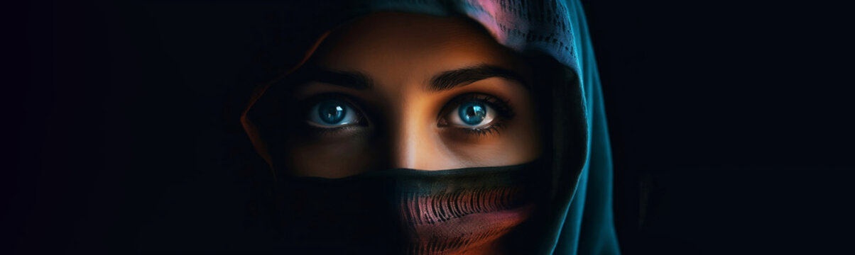 Horizontal banner. Close-up female portrait. Muslim tanned woman with blue eyes in burqa looks at camera. Concept of faith, god, arab world, palestine, islam. Head. Black background. Generative AI