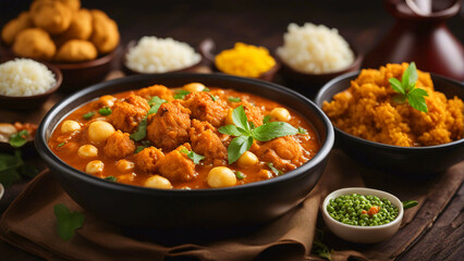 Indian cuisine with bowls of curries and rice. - obrazy, fototapety, plakaty
