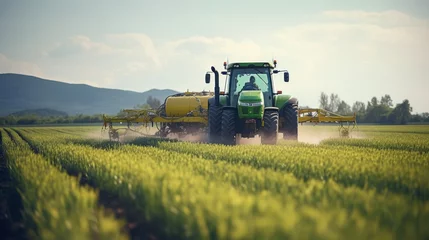 Zelfklevend Fotobehang Tractor Agriculture: A drone image of a tractor spraying pesticides on a lush green orchard. A vast field of wheat ready for harvest, with a blue sky in the background.