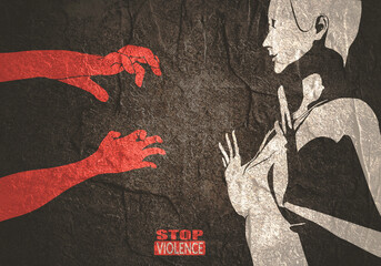 Stop violence text. Social concept of sexual assault and harassment. Male hands reaching out to a woman raising her hand in stop gesture woman. - obrazy, fototapety, plakaty