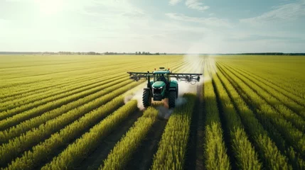 Keuken spatwand met foto Agriculture: A drone image of a tractor spraying pesticides on a lush green orchard. A vast field of wheat ready for harvest, with a blue sky in the background. © Phoophinyo