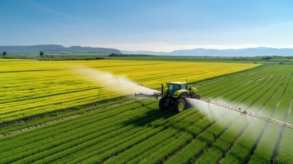 Agriculture: A drone image of a tractor spraying pesticides on a lush green orchard. A vast field of wheat ready for harvest, with a blue sky in the background. - obrazy, fototapety, plakaty