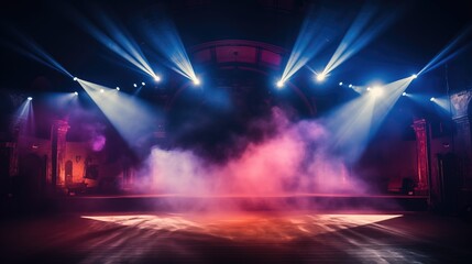 Mystical ambiance on an empty stage with radiant scenic lights and swirling smoke, ample copy space - obrazy, fototapety, plakaty